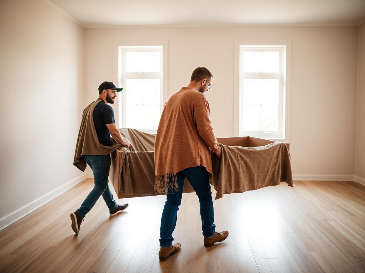Zwei Umzugsmitarbeiter tragen ein mit Decken geschütztes Möbelstück durch eine helle Wohnung